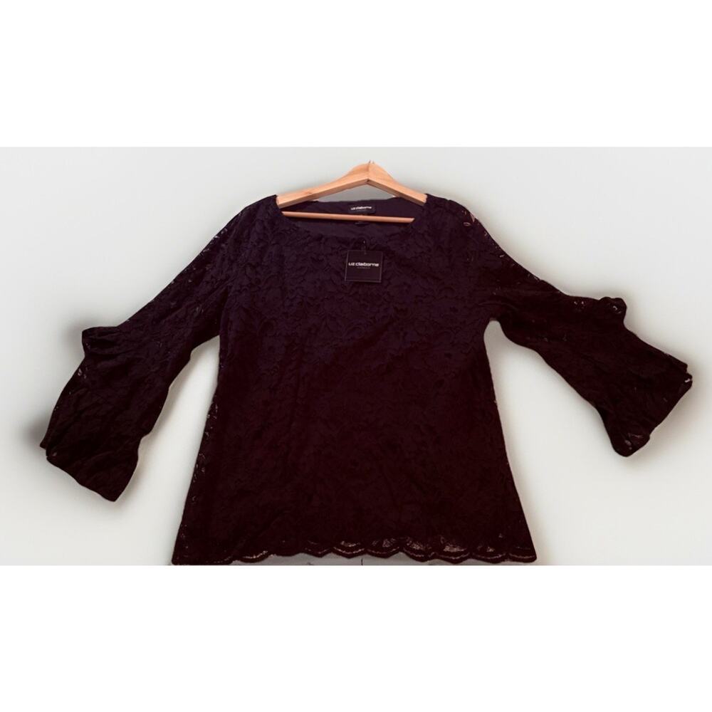 Liz Claiborne Black Lace Floral Bell Sleeve Lined Blouse LT Tall Pullover NWT